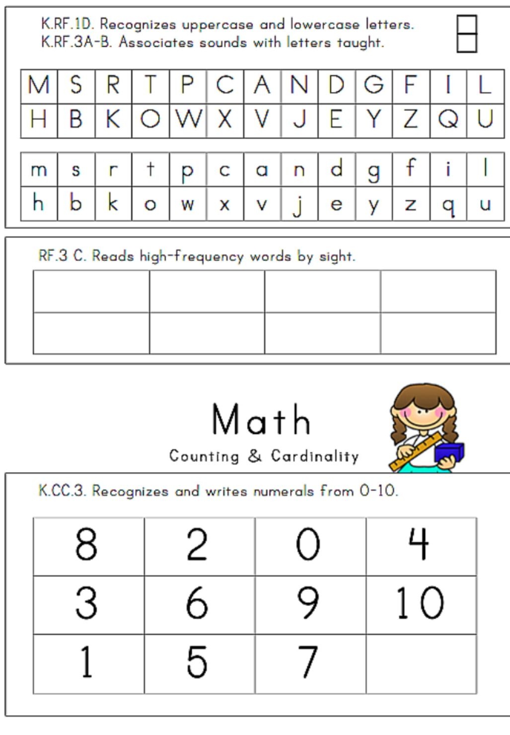 3 Page Kindergarten Assessment Teacher Girl Kindergarten Free Printable Informal Math