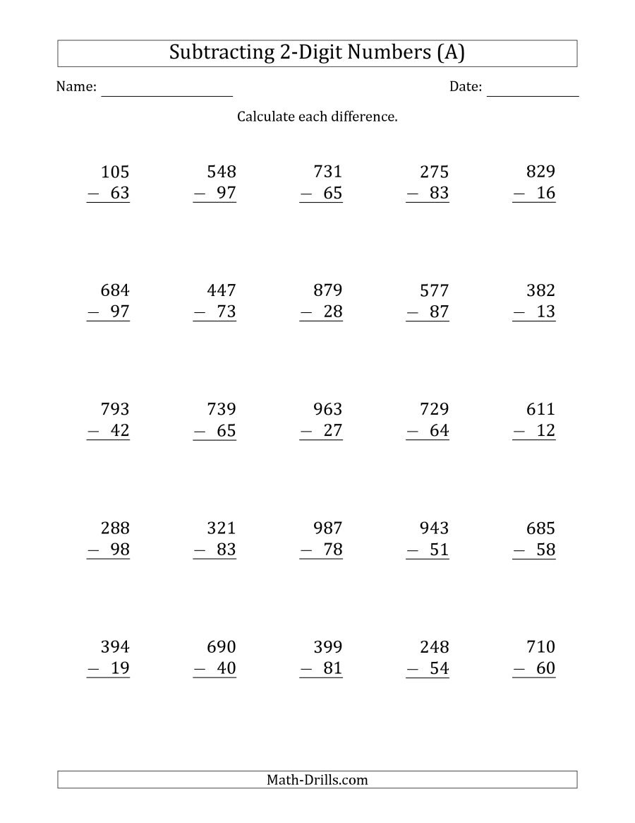 3-Digit Minus 2-Digit Subtraction (A) - Free Printable 3 Digit Subtraction With Regrouping Worksheets