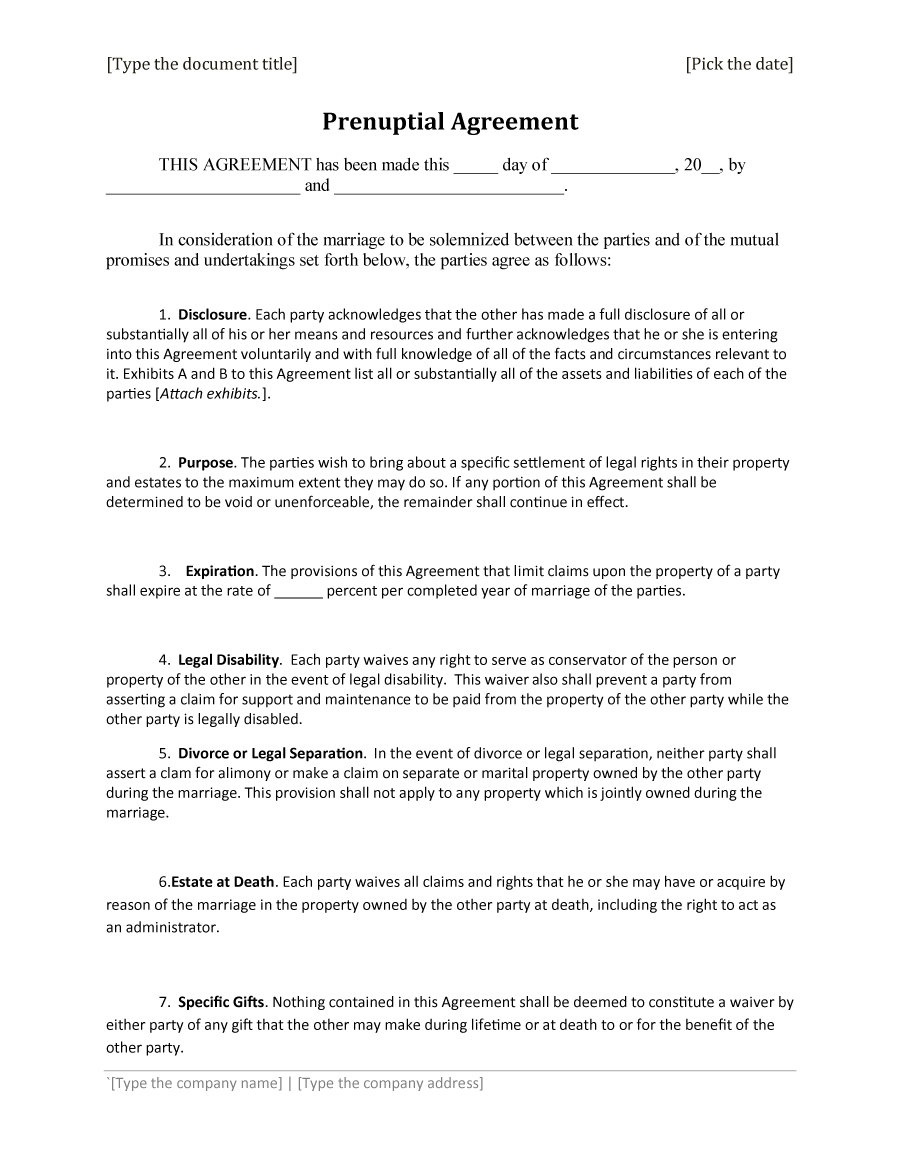Printable Prenuptial Agreement Forms Printable Forms Free Online