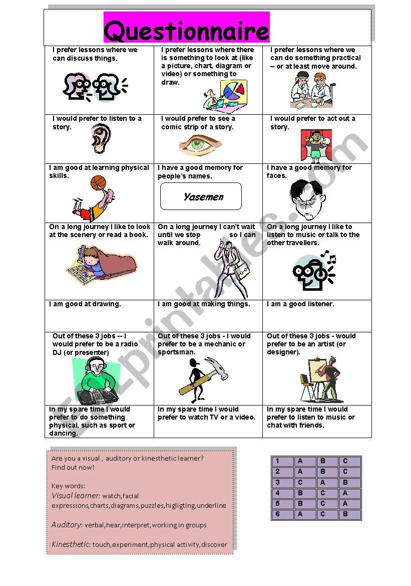 Free Printable Learning Styles Questionnaire Free Printable