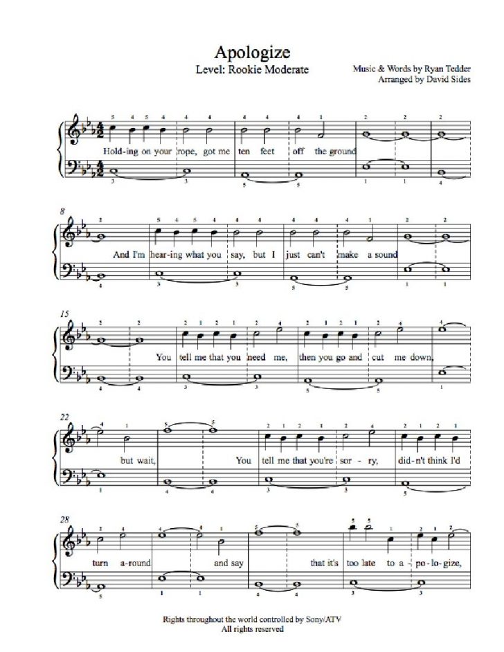 Apologize Piano Sheet Music Free Printable