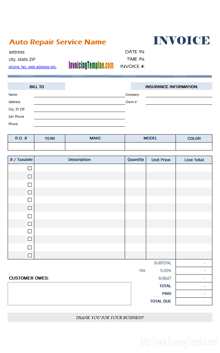 free printable auto repair invoice template free printable