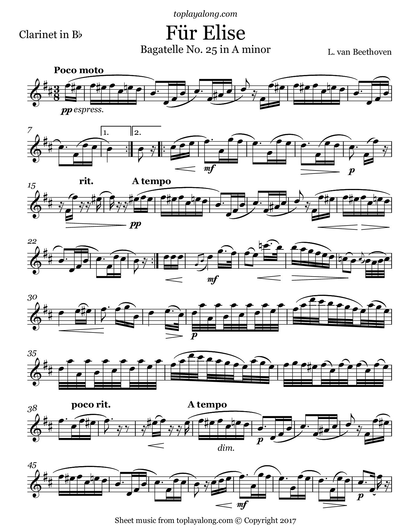 Beethoven – Für Elise – Toplayalong - Free Printable Clarinet Sheet Music