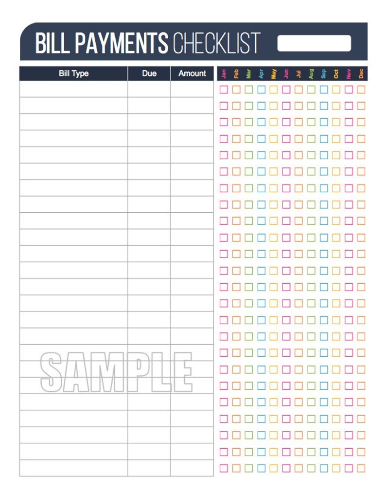 Bill Payment Checklist Printable Fillable Personal Finance | Etsy - Free Printable Bill Payment Checklist