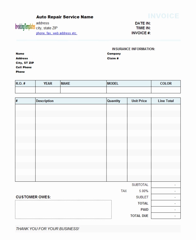 Blank Auto Repair Invoice Template Download Example – Wfac.ca - Free Printable Auto Repair Invoice Template