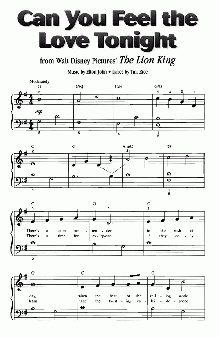 Can You Feel The Love Tonight The Lion King Piano Sheet Music - Free Guitar Sheet Music For Popular Songs Printable