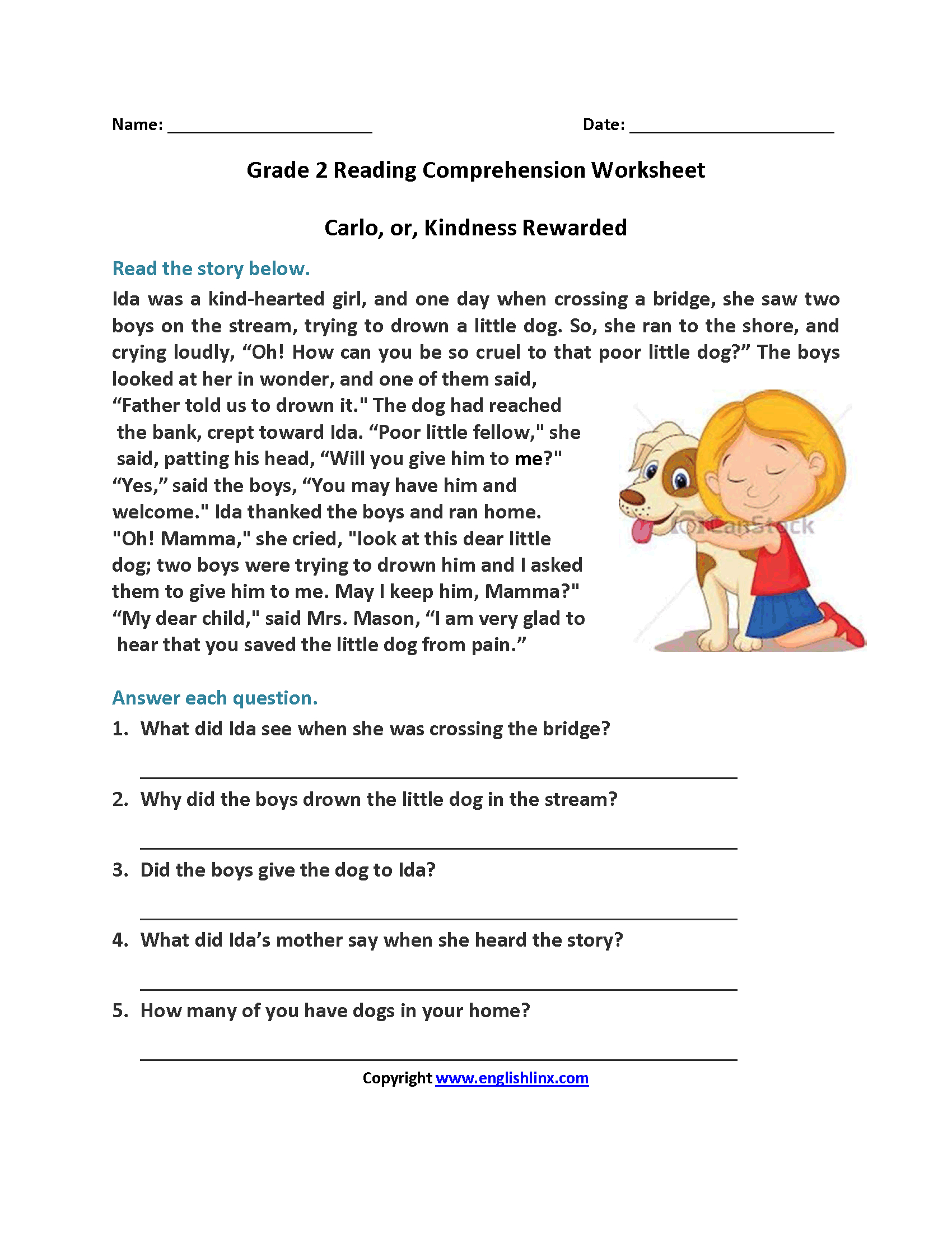 Carlo Or Kindness Rewarded Second Grade Reading Worksheets | Reading - Free Printable 3Rd Grade Reading Worksheets