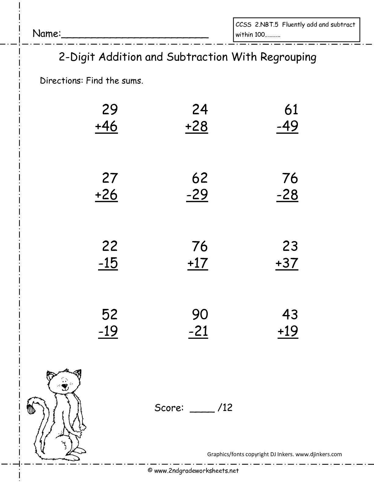 Free Printable Double Digit Addition And Subtraction Worksheets Without Regrouping