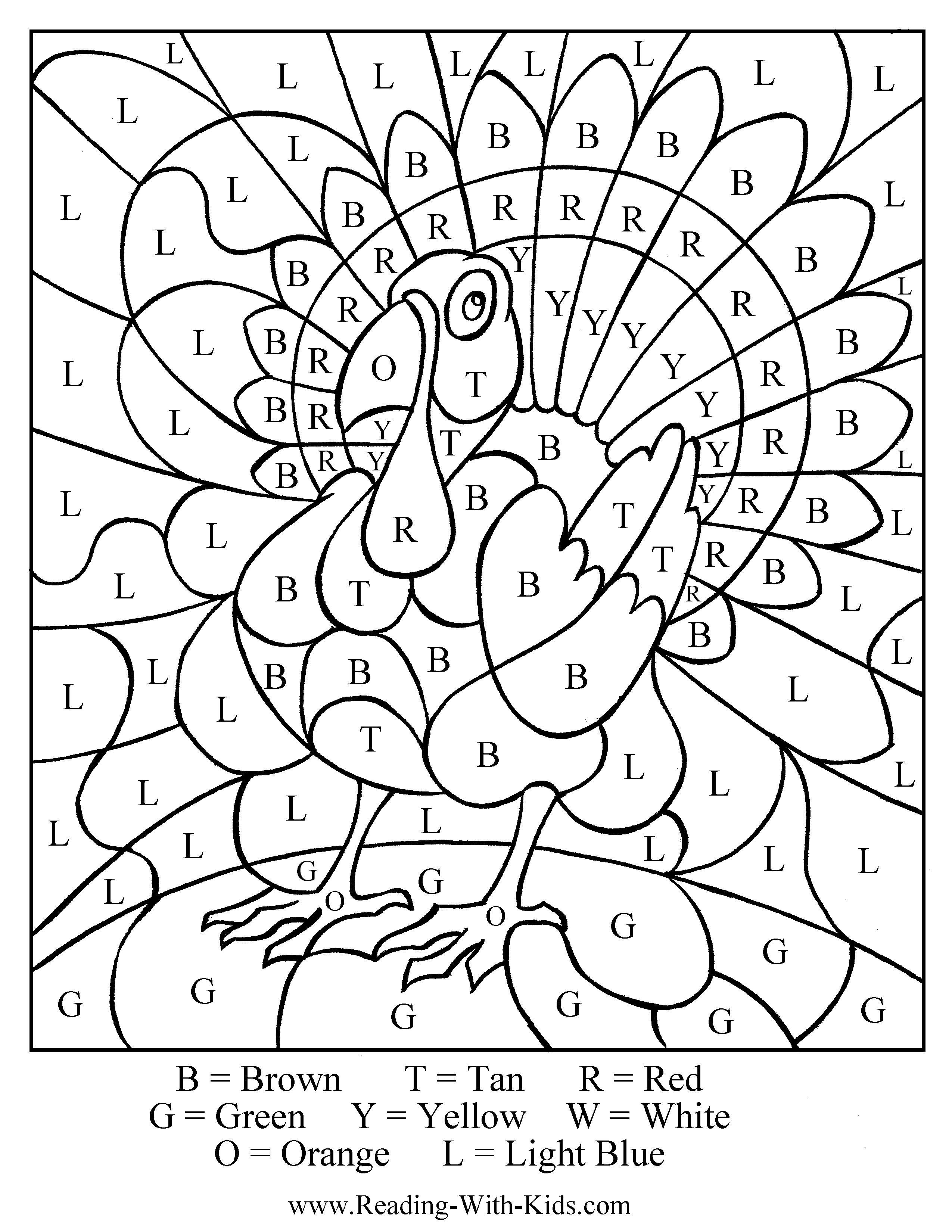 Colorletter Turkey - Several Great Thanksgiving Coloring Sheets - Free Printable Thanksgiving Crafts For Kids