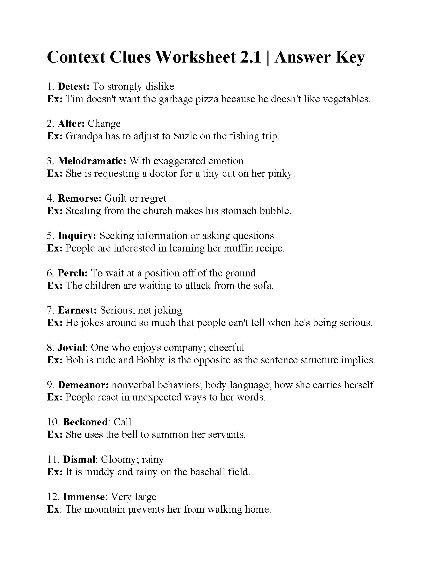 Context Clues Worksheet 2.1 | Answers - Free Printable 5Th Grade Context Clues Worksheets