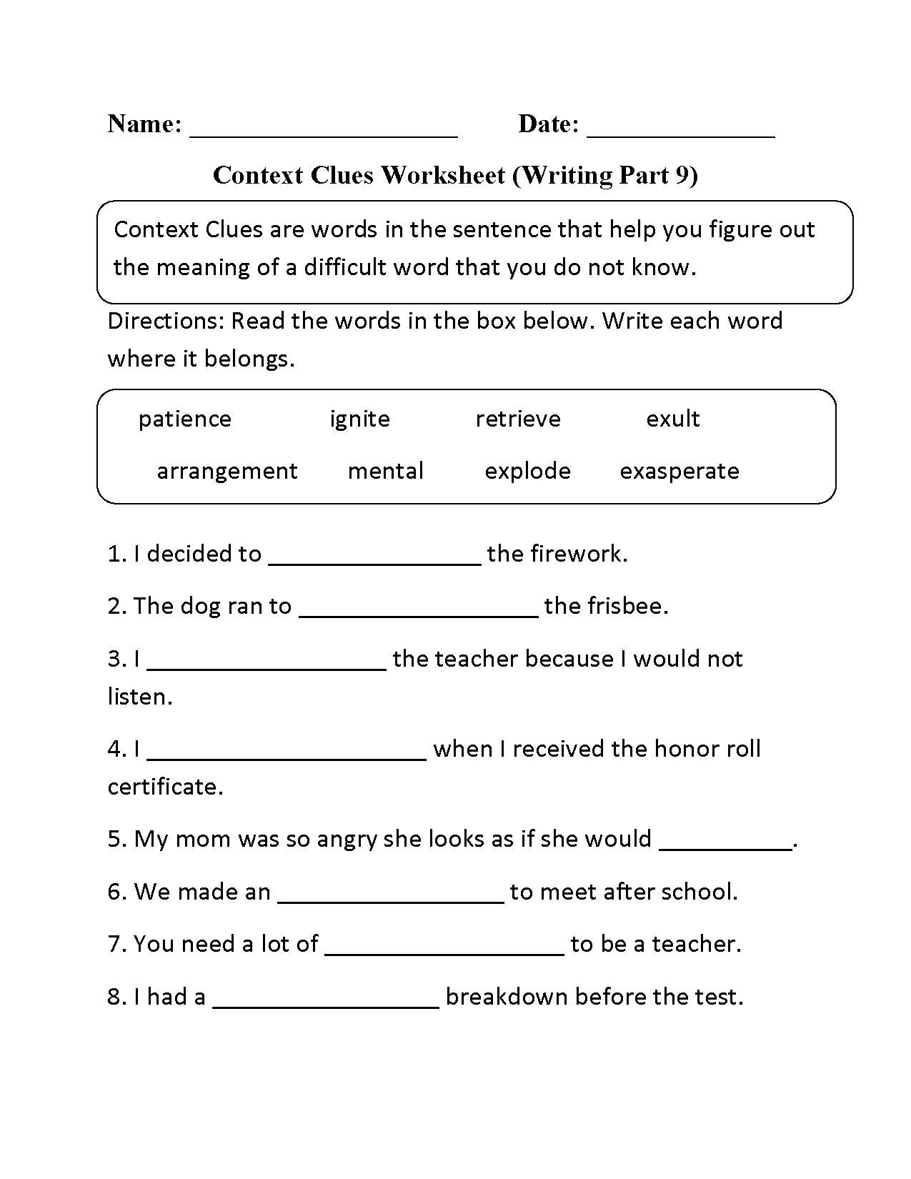 Context Clues Free Printable Worksheets