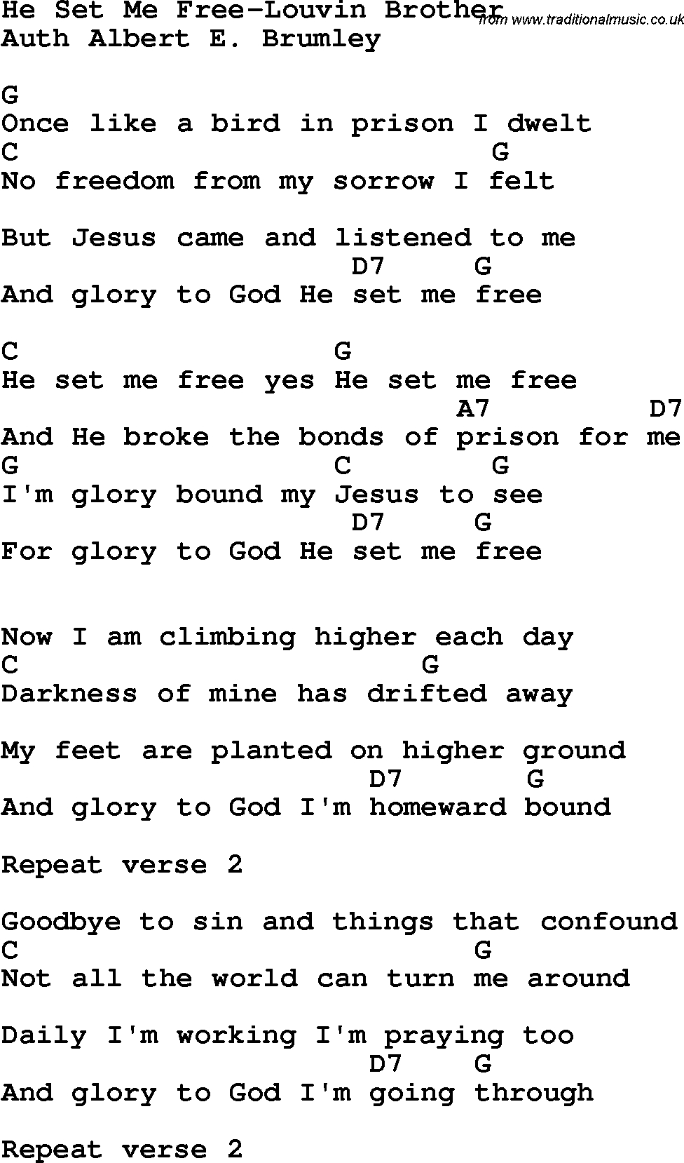 Country, Southern And Bluegrass Gospel Song He Set Me Free-Louvin - Free Printable Gospel Music Lyrics
