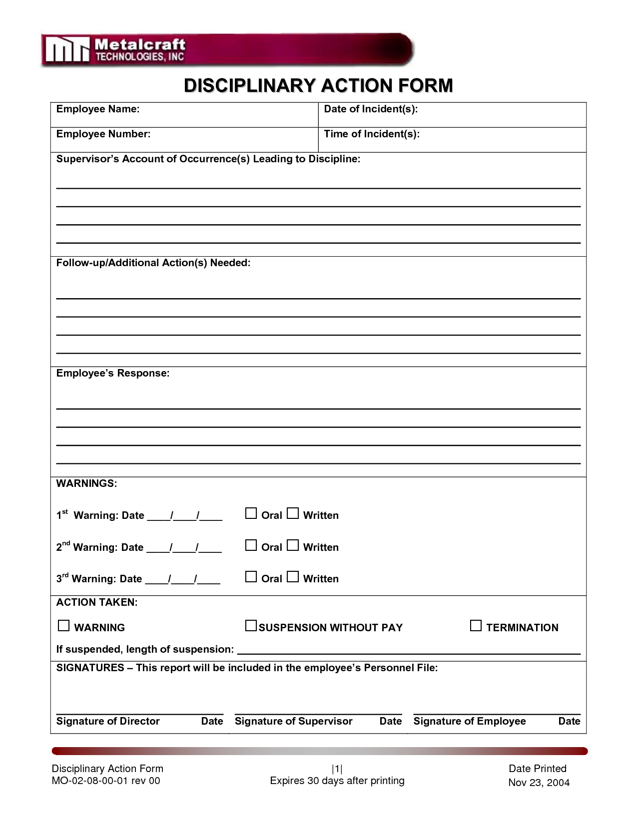 Disciplinary Action Form Employee Forms Employee Performance Free