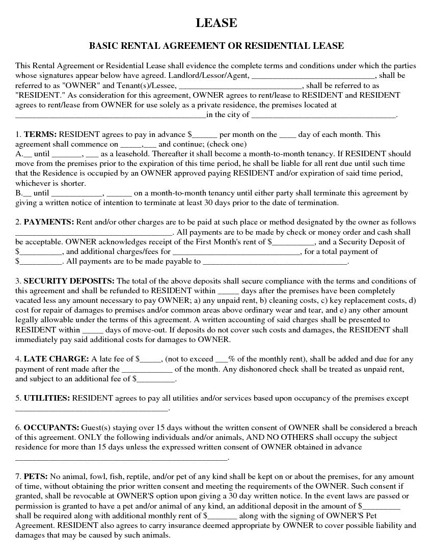 Printable One Page Rental Agreement Printable World Holiday