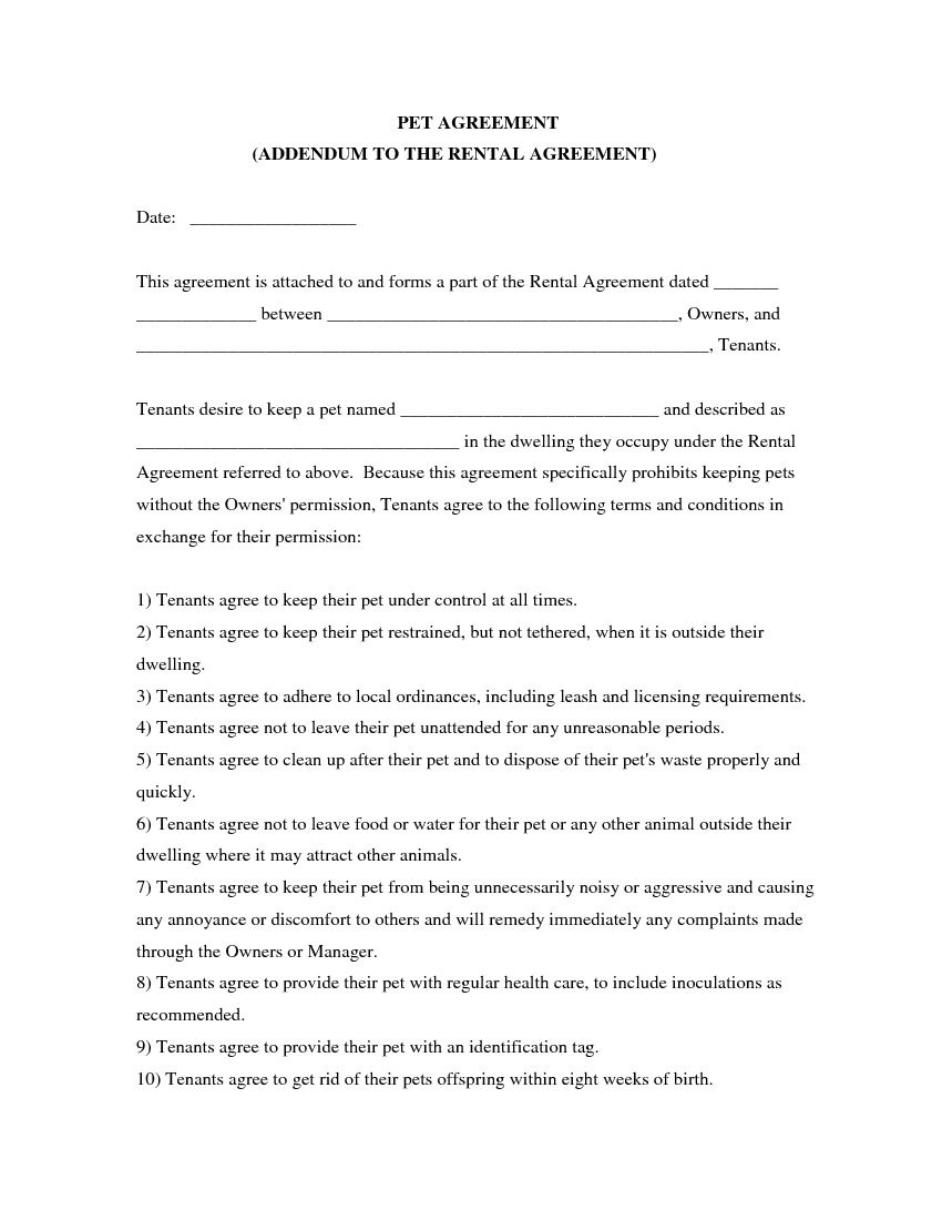 Download Free Pet Agreement Addendum To Rental Agreement - Printable - Free Printable Pet Addendum