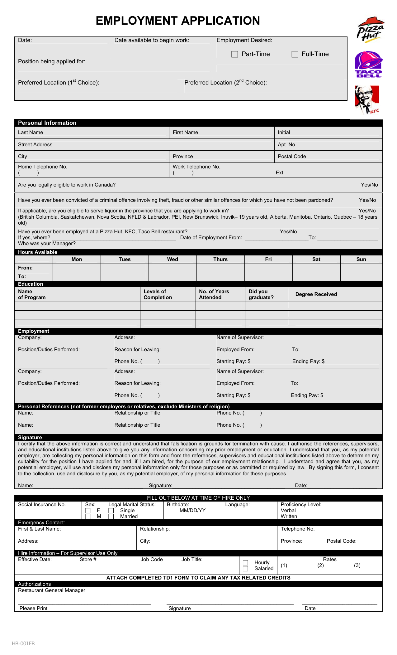 Download Taco Bell Job Application Form – Careers | Pdf - Free Printable Taco Bell Application