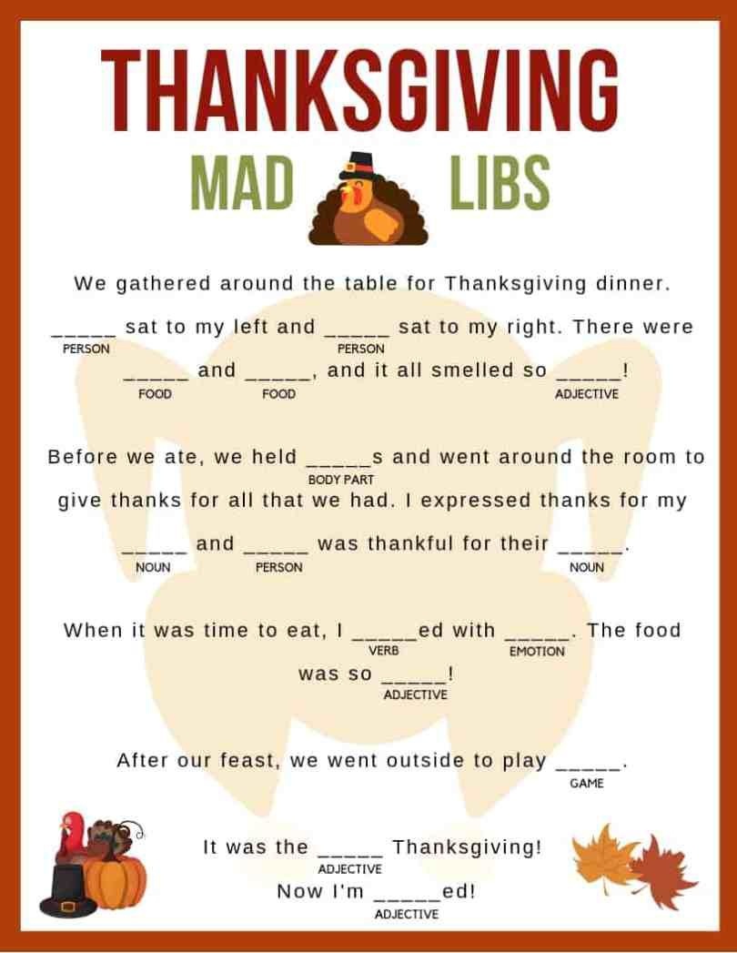 Celebrating Thanksgiving Mad Lib Woo! Jr. Kids Activities Free
