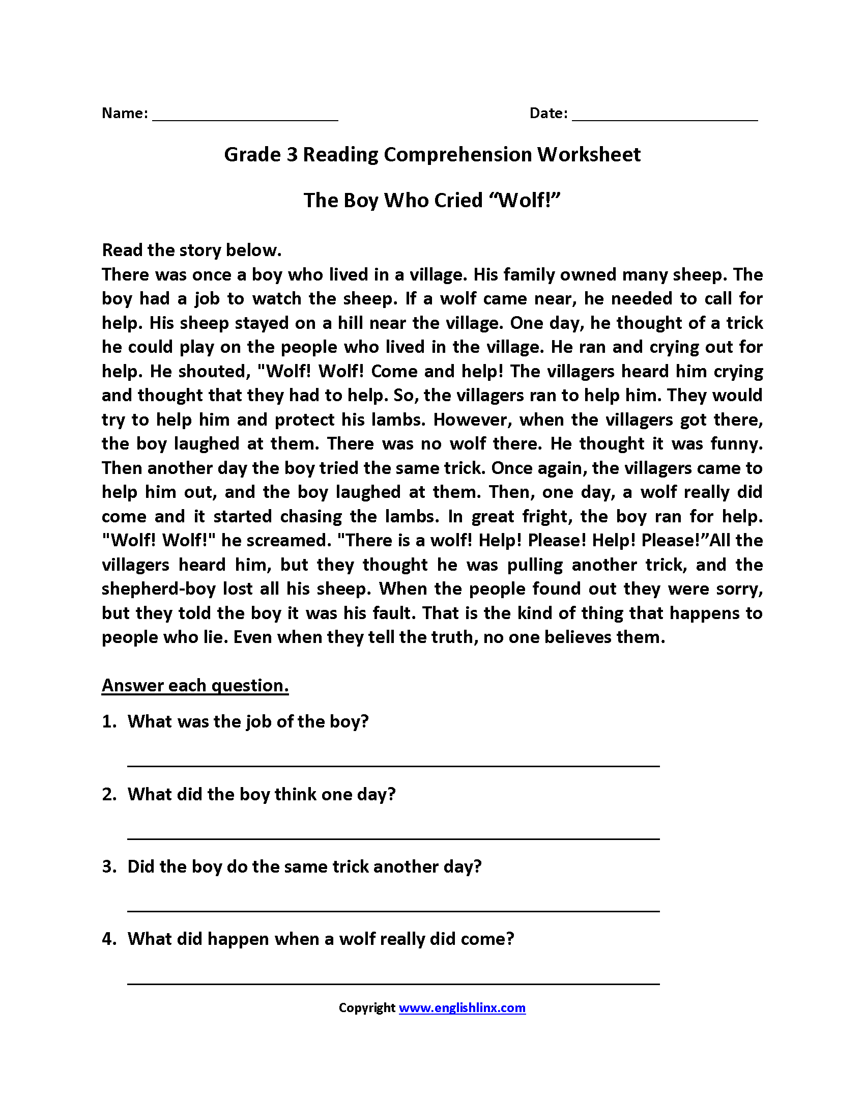 Free Printable 3Rd Grade Reading Worksheets - Free Printable