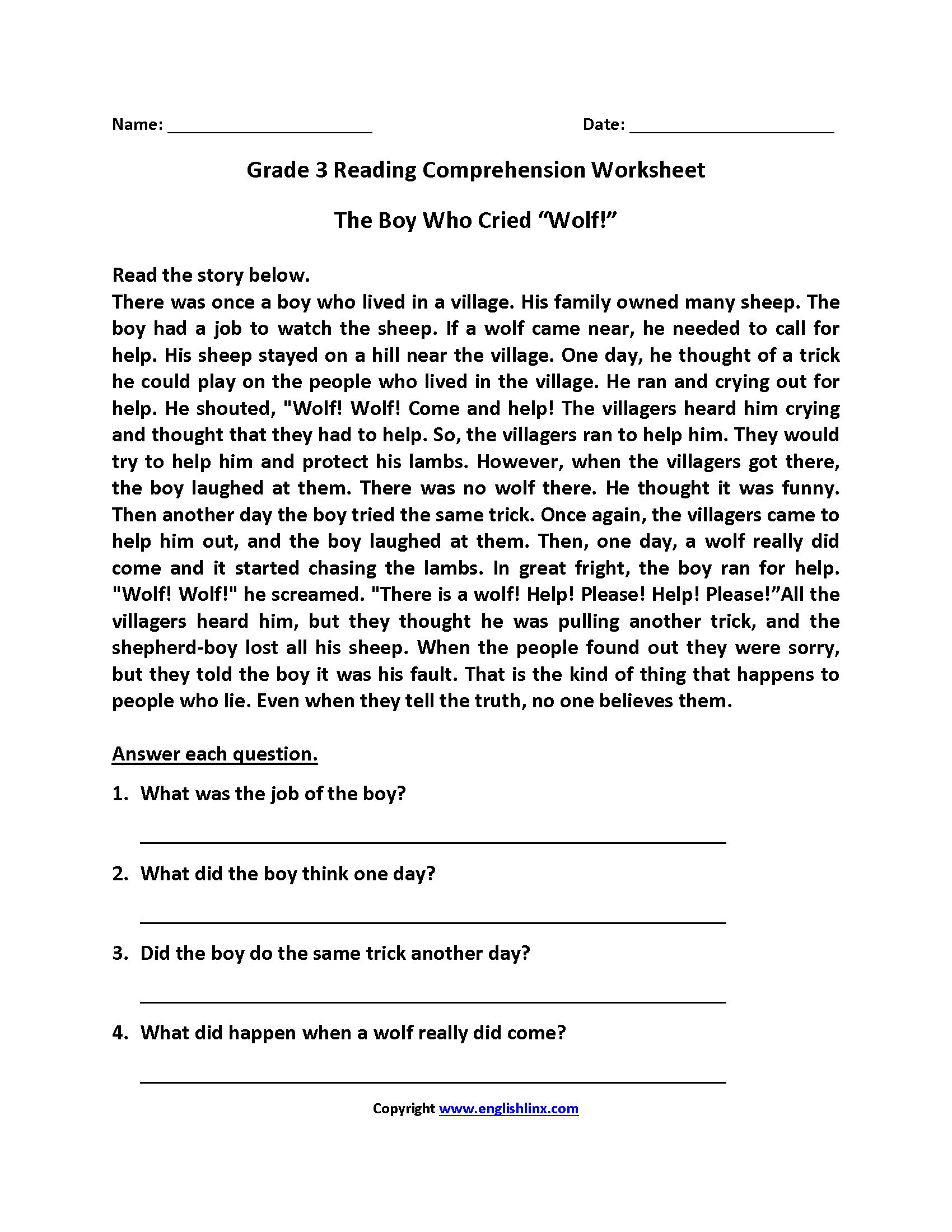 third grade reading worksheets free