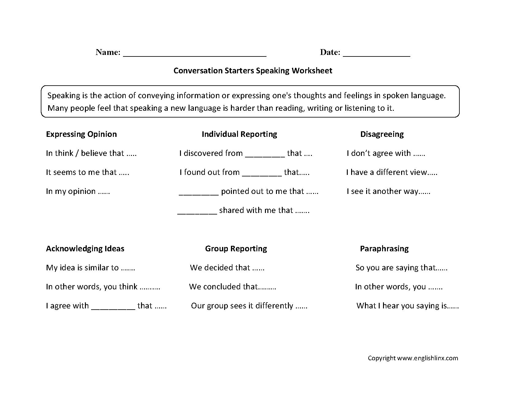 Englishlinx | Speaking Worksheets - Free Printable English Conversation Worksheets