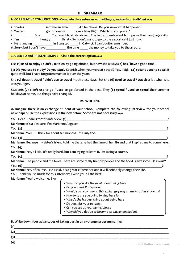 Exchange Programmes - Test A2/b1 (9Th Grade) Version B Worksheet - 9Th Grade English Worksheets Free Printable