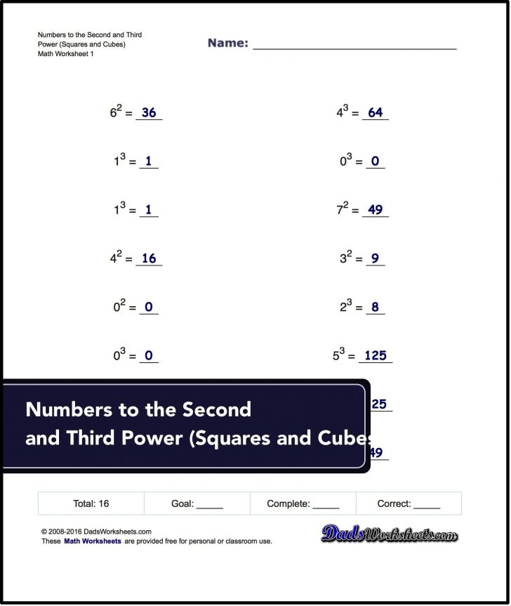 Exponents Worksheets For Numbers To The Second And Third Power Free