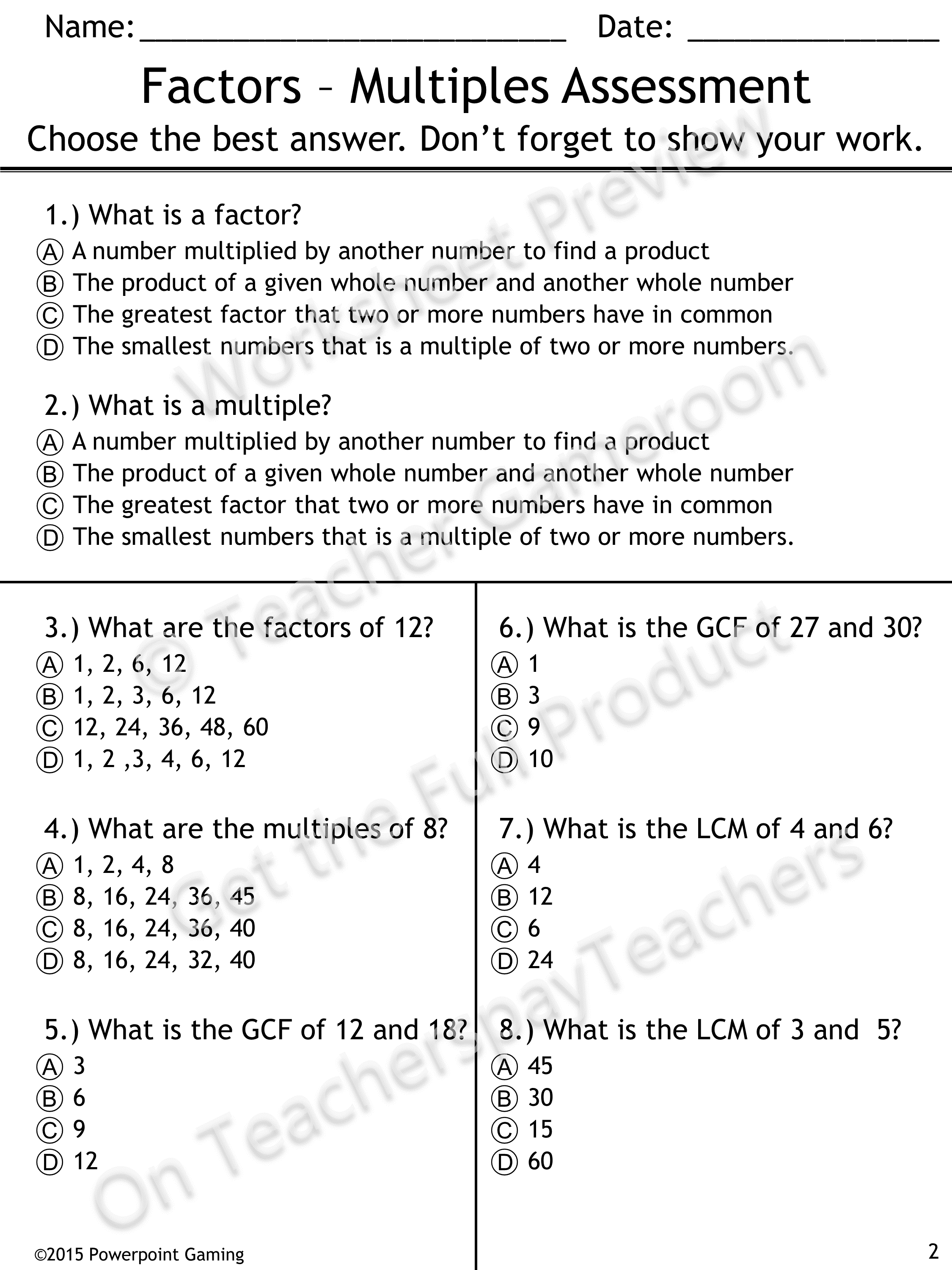 Greatest Common Factor Worksheets 6th Grade