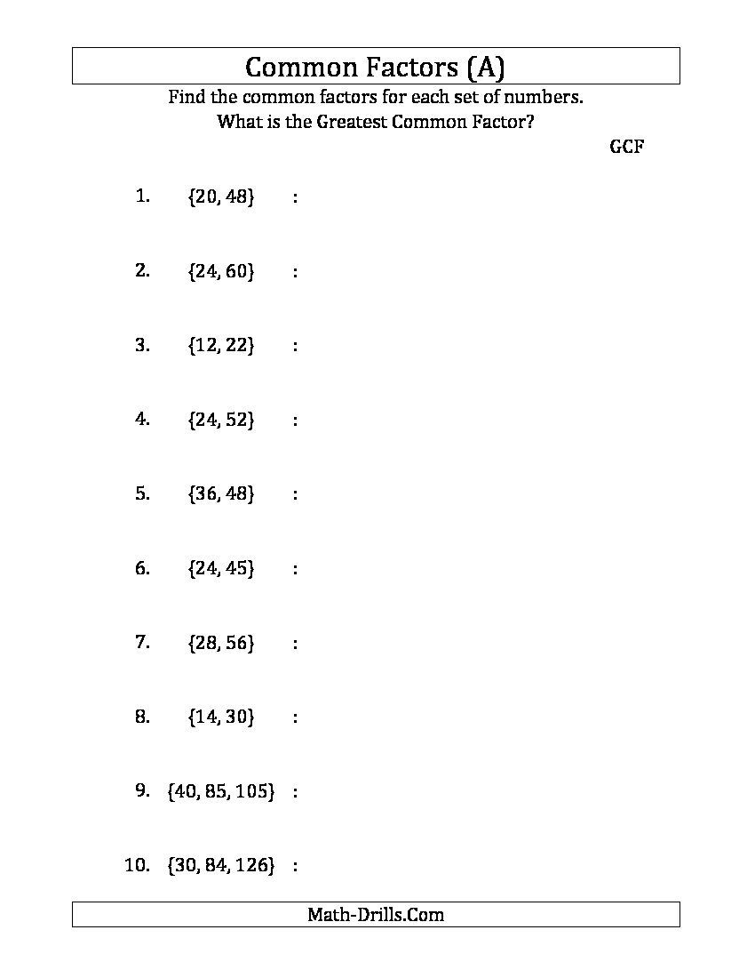 Free Math Worksheets Greatest Common Factor 6th Grade