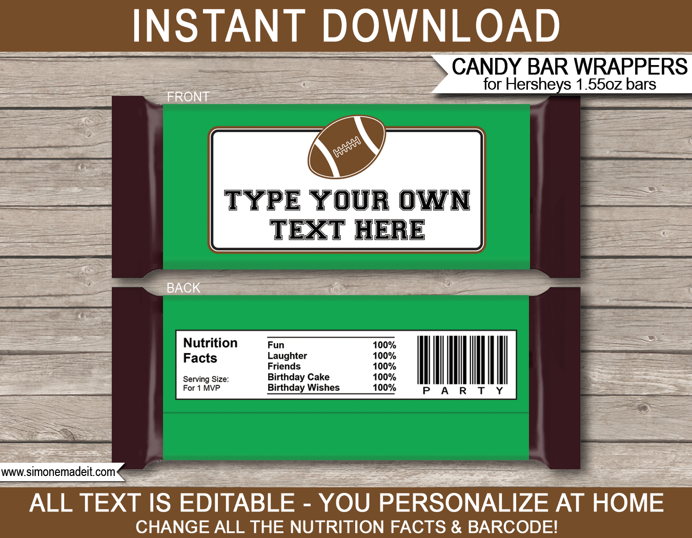 Football Hershey Candy Bar Wrappers | Personalized Candy Bars - Free Printable Birthday Candy Bar Wrappers
