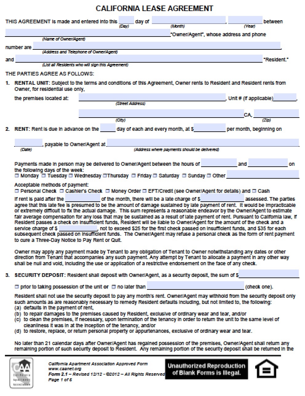 Free California Residential Lease Agreement | Pdf | Word (.doc) - Free Printable California Residential Lease Agreement