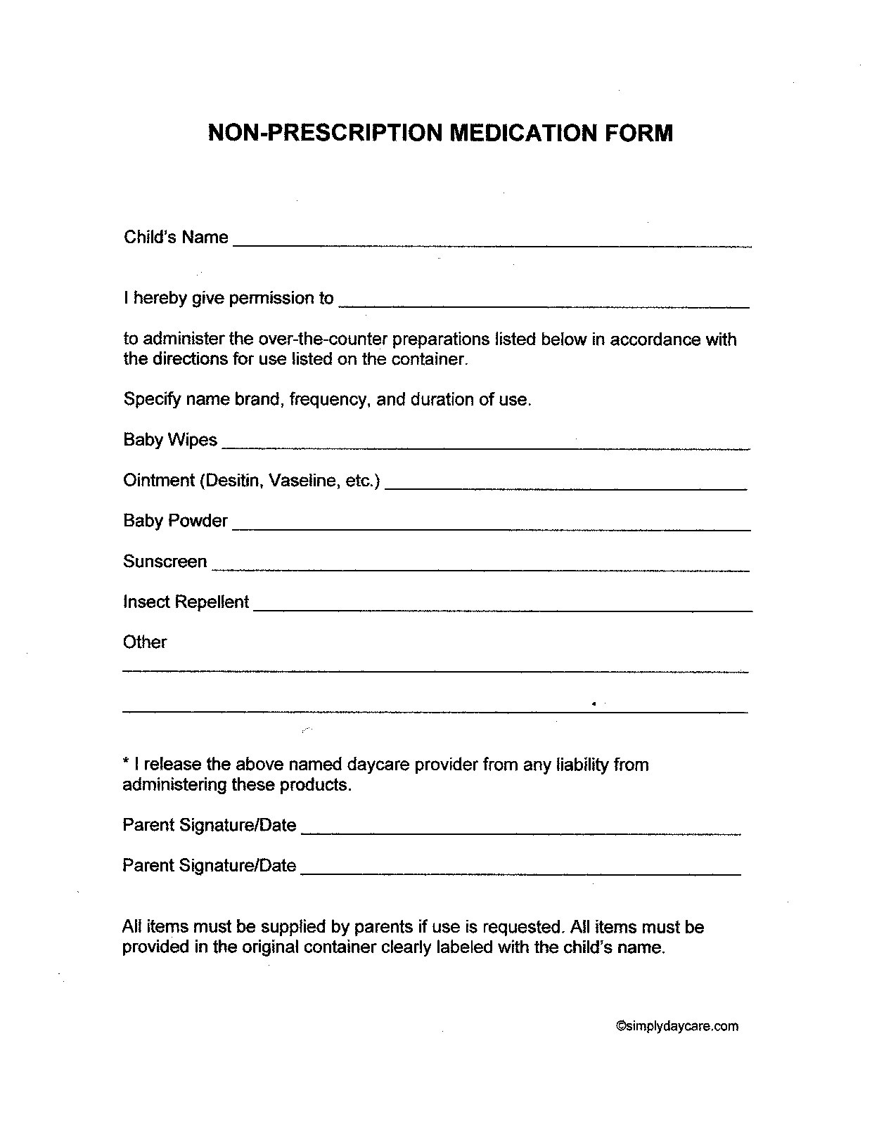 Free Child Care Forms - Over-The-Counter Medication Form - Free Printable Daycare Forms