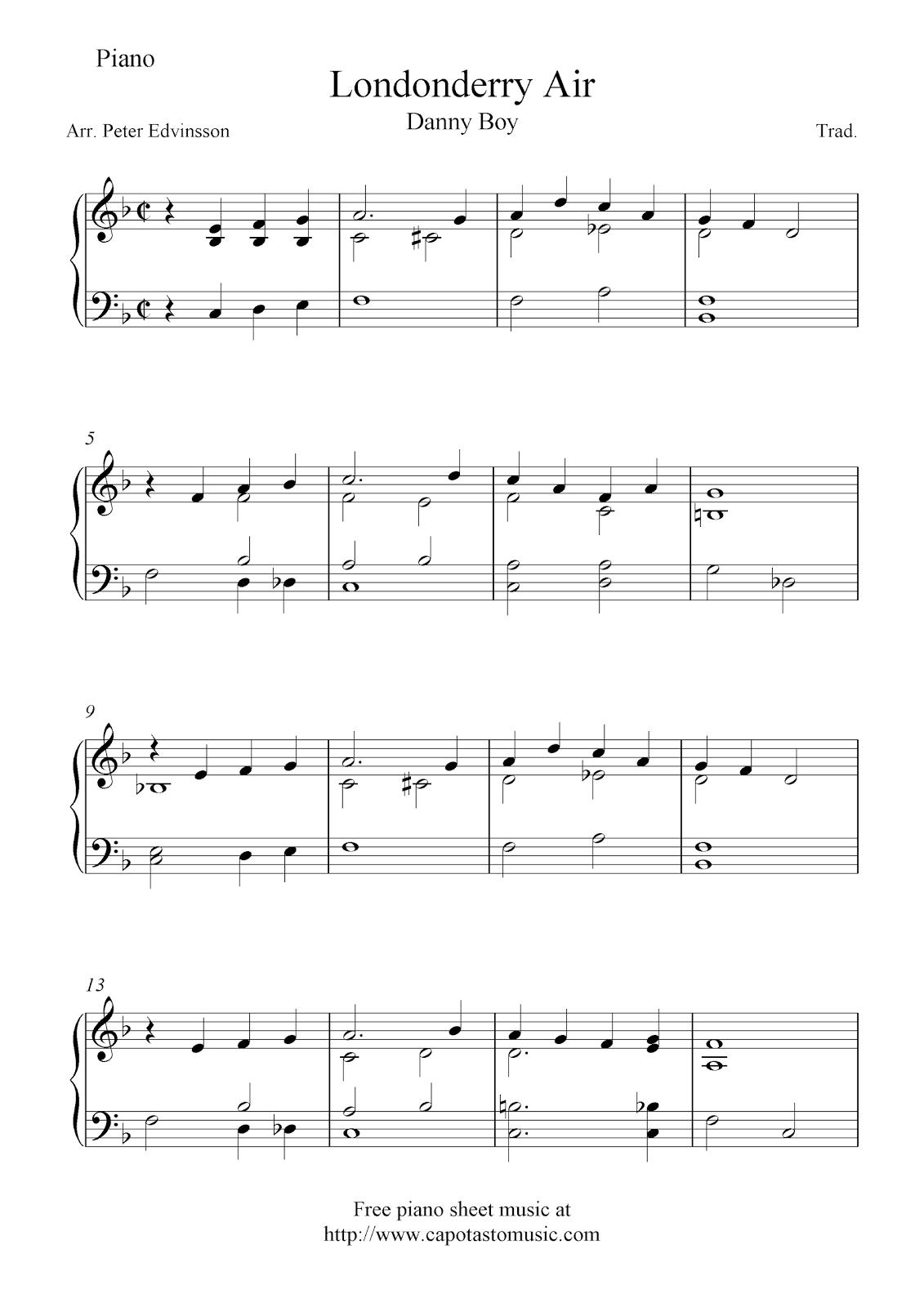 Free Easy Piano Sheet Music Arrangement Of The Melody Danny Boy - Free Printable Piano Pieces