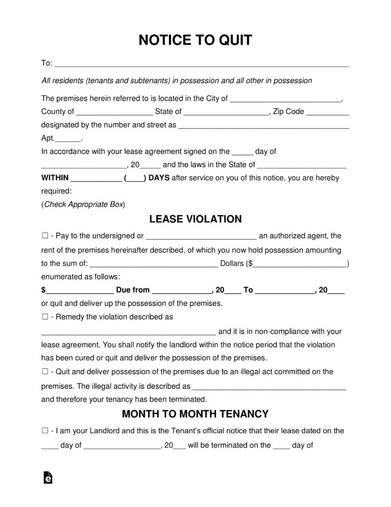 Free Eviction Notice Forms - Notices To Quit - Pdf | Word | Eforms