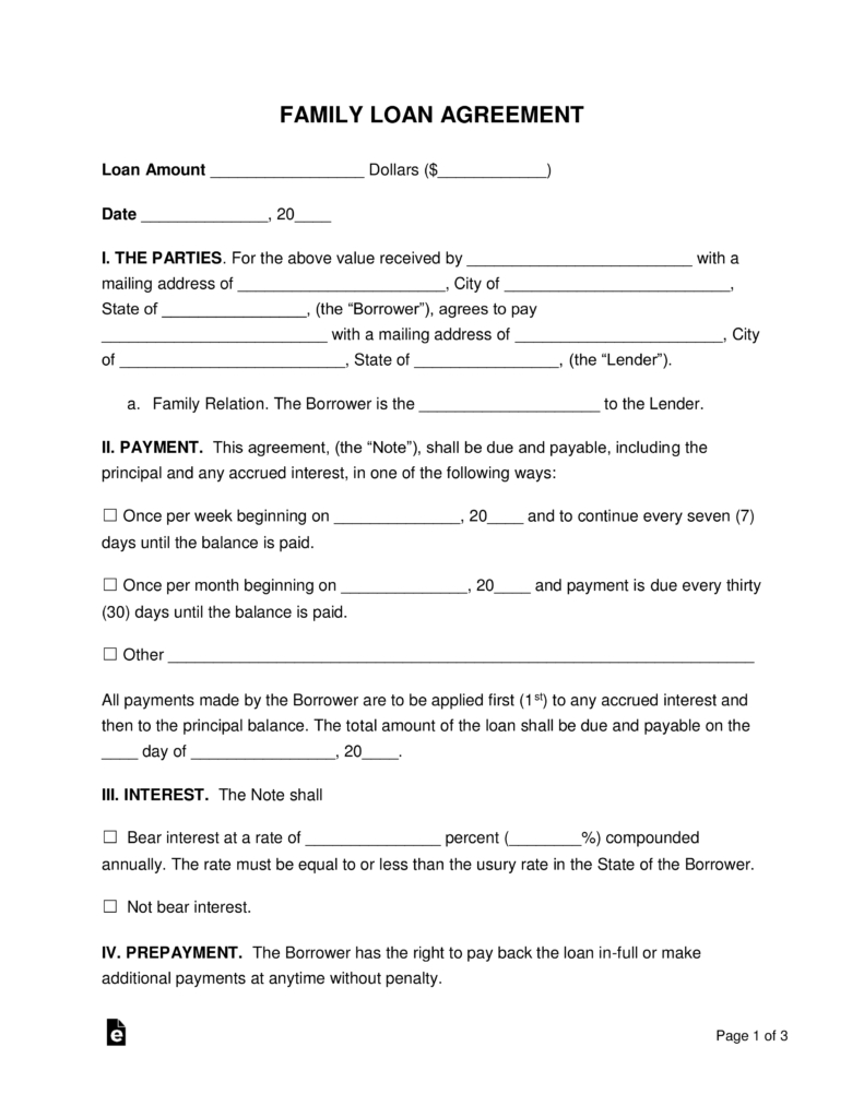 Free Family Loan Agreement Template - Pdf | Word | Eforms – Free - Free Printable Blank Loan Agreement