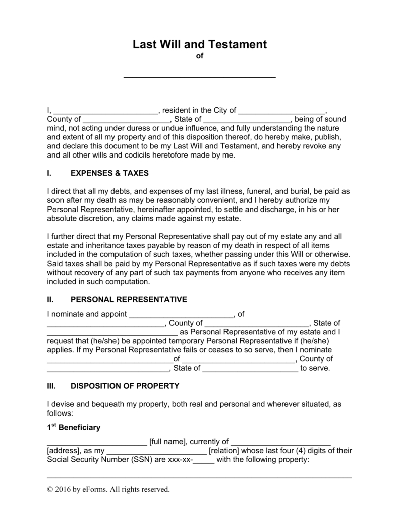 Free Last Will And Testament Templates - A “Will” - Pdf | Word - Free Printable Wills
