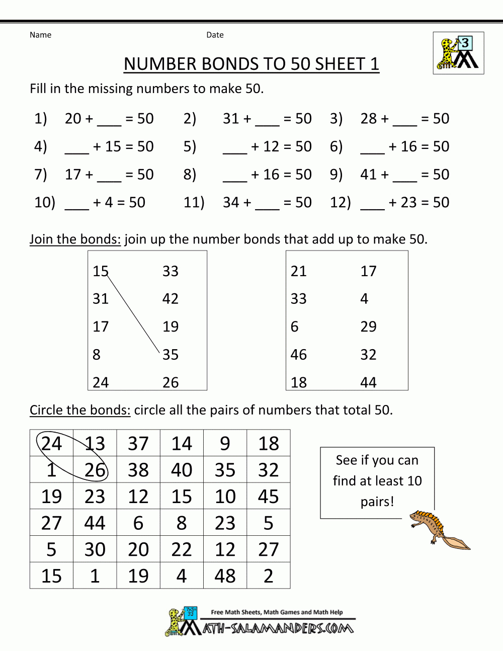 Free Math Worksheets Number Bonds To 50 1 | New | Number Bonds - Free Printable Number Bond Template