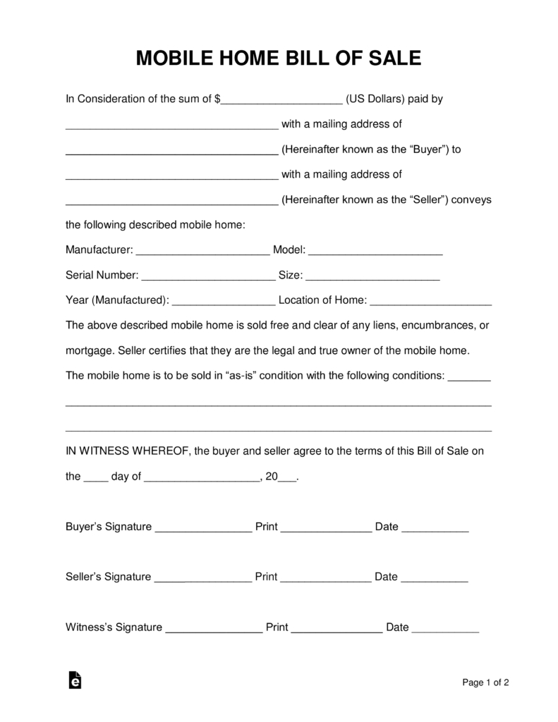 Free Mobile (Manufactured) Home Bill Of Sale Form - Word | Pdf - Find Free Printable Forms Online