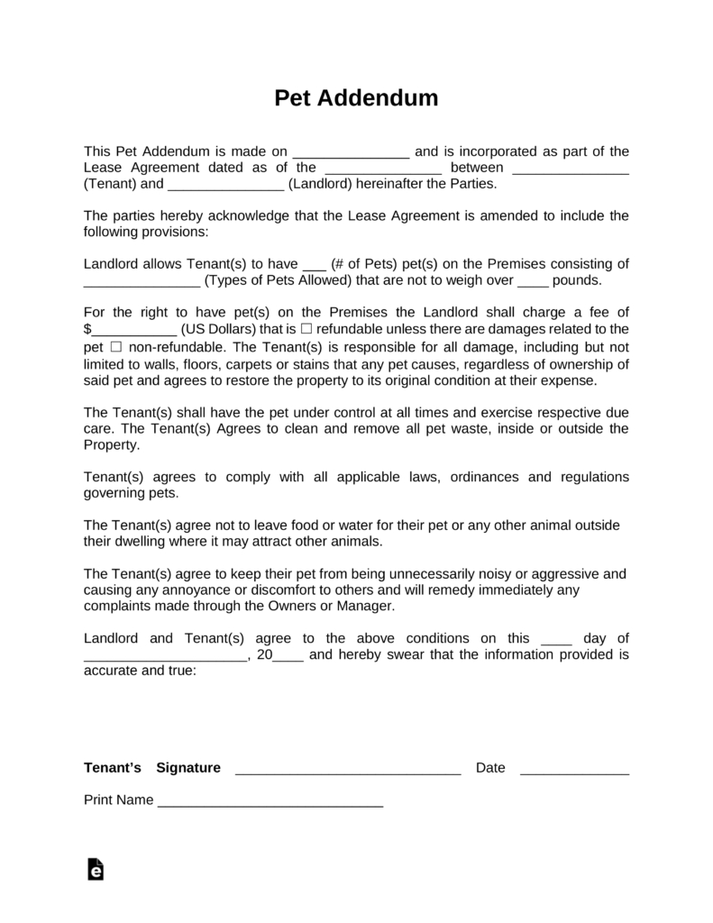 Free Pet Addendum To Lease - Pdf | Word | Eforms – Free Fillable Forms - Free Printable Pet Addendum