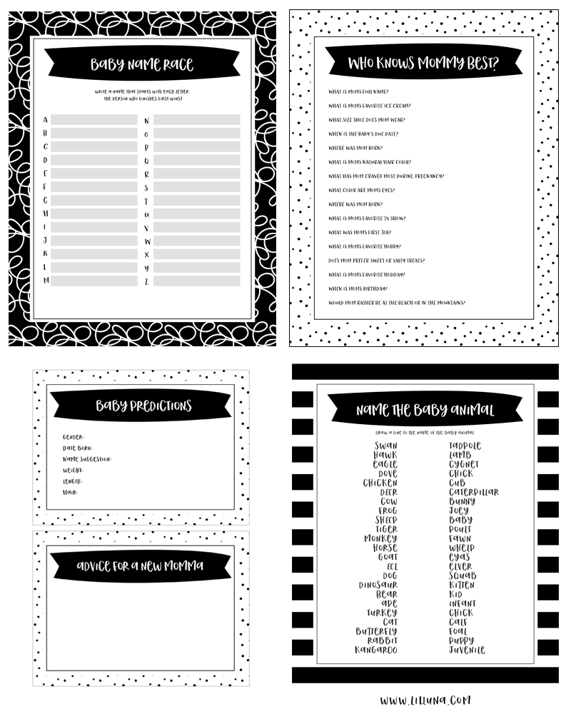 Free Printable Baby Shower Games - 5 Games (In 3 Colors!) | Lil' Luna - Baby Name Race Free Printable