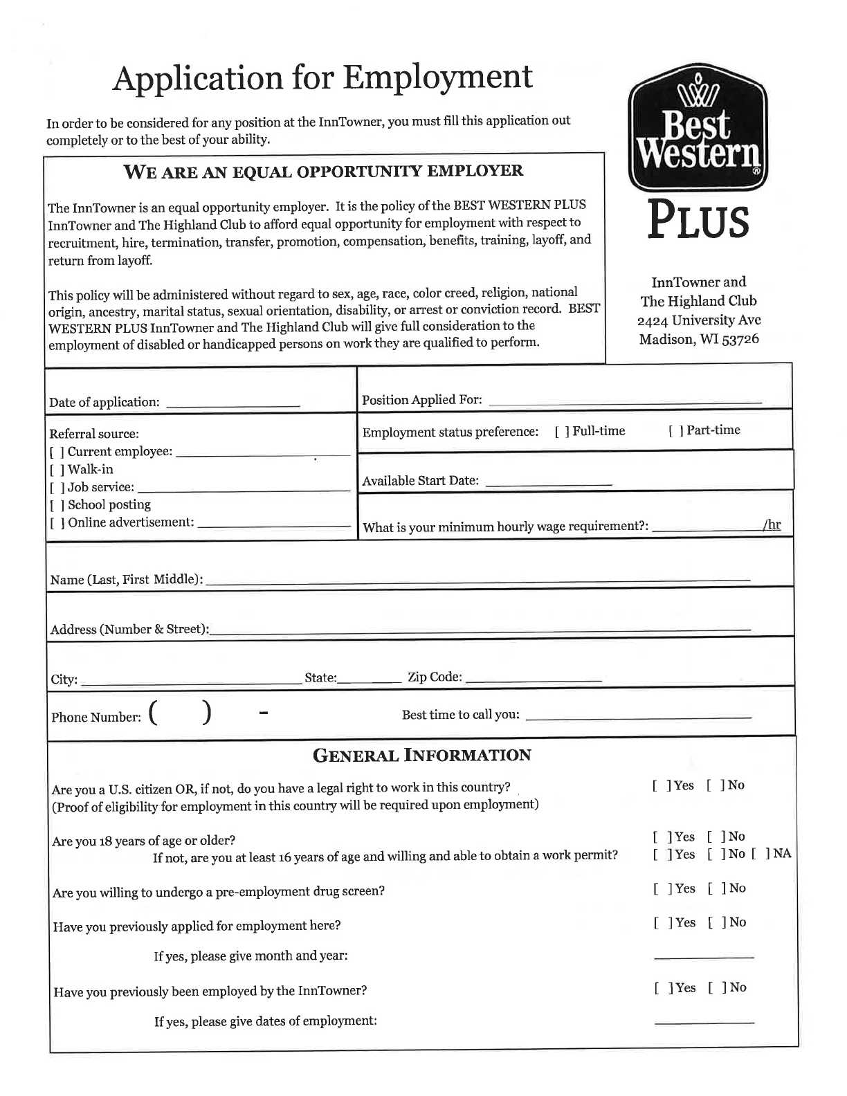 Free Printable Best Western Job Application Form - Free Printable Taco Bell Application