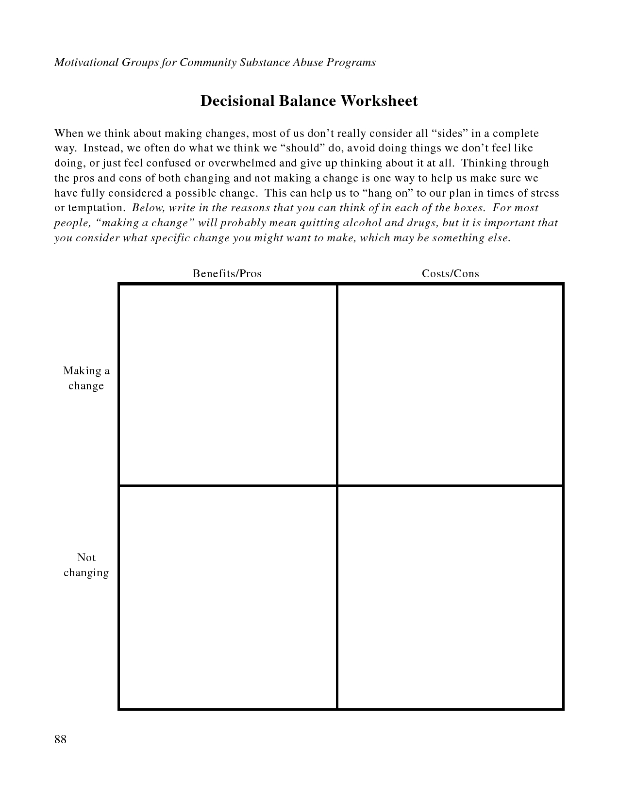 Free Printable Dbt Worksheets | Decisional Balance Worksheet - Pdf - Free Printable Worksheets On Depression