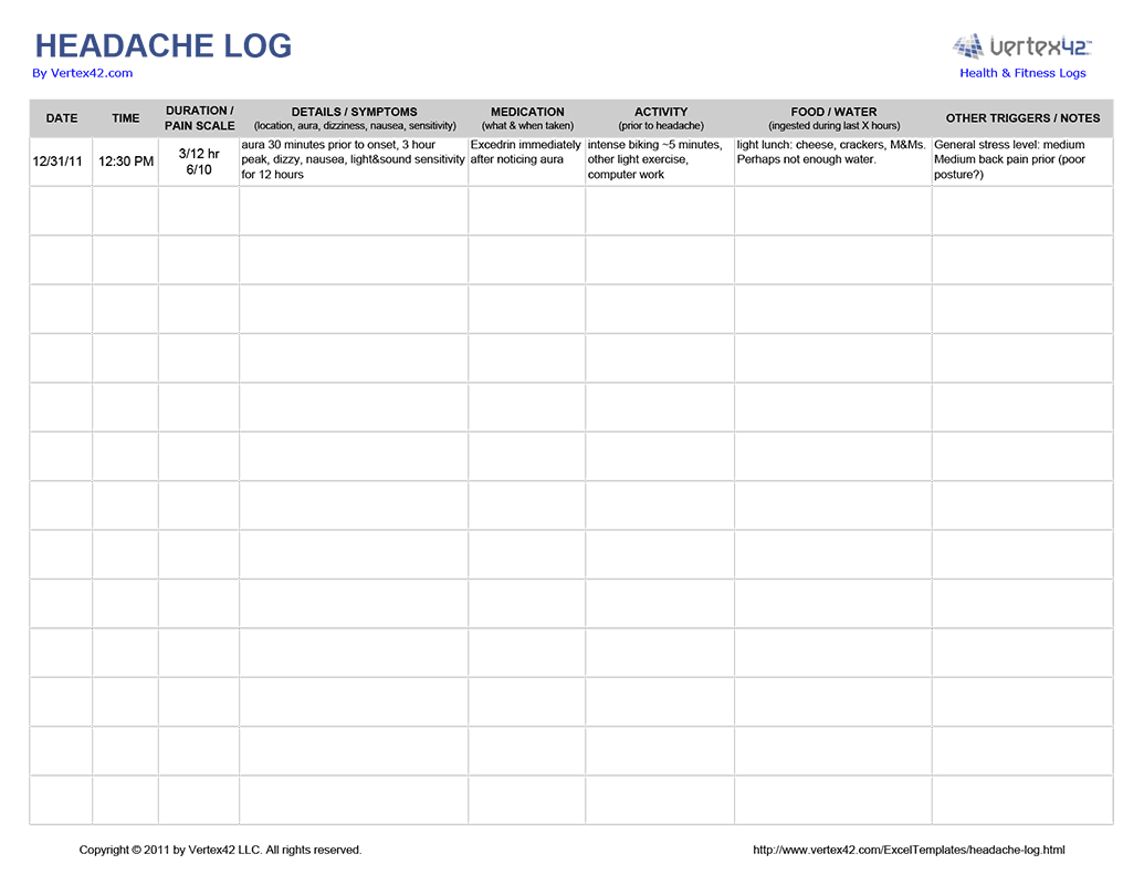 Free Printable Headache Diary Pdf