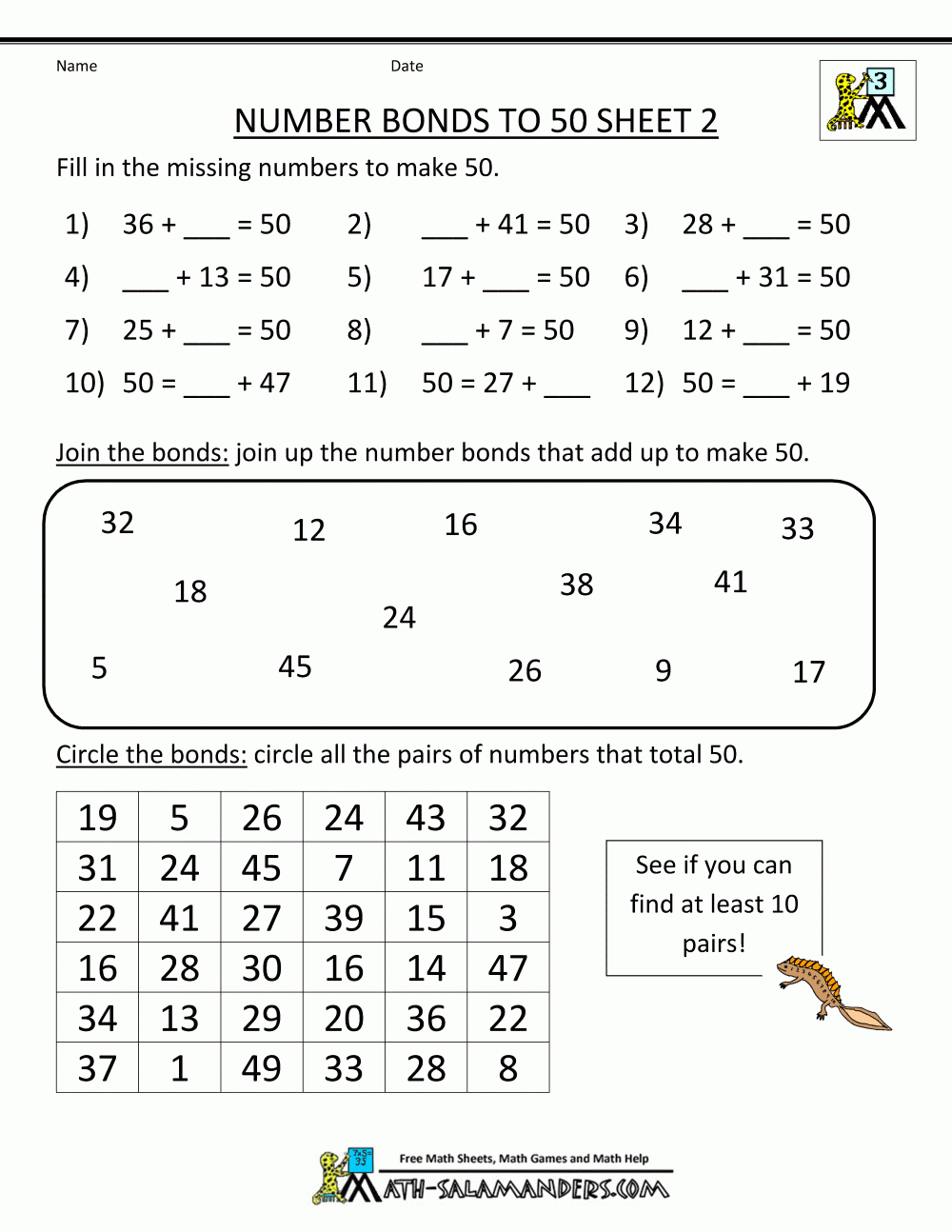 Free Printable Math Worksheets Number Bonds To 50 2 | Education - Free Printable Maths Worksheets Ks1