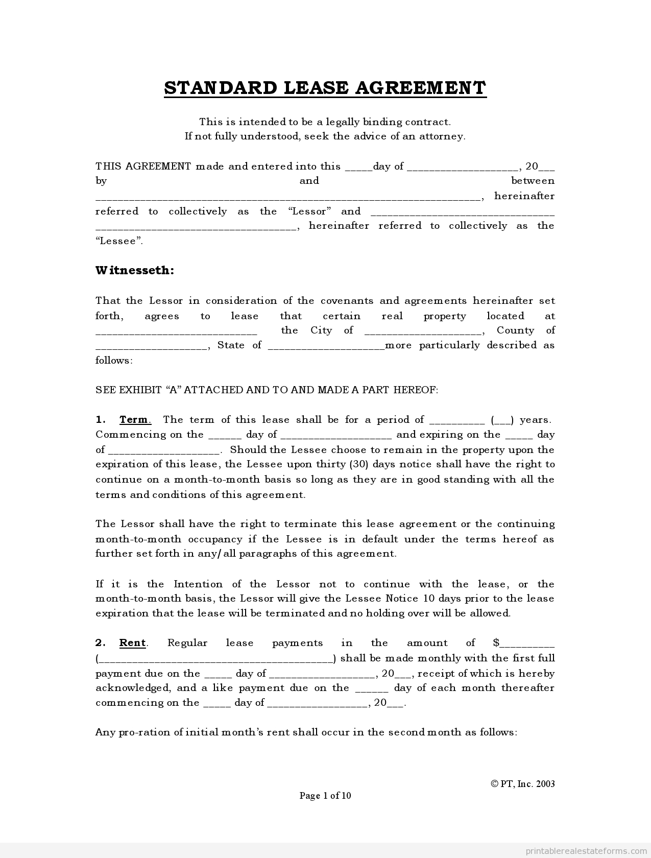 Free Rental Agreements To Print | Free Standard Lease Agreement Form - Free Printable Rental Lease Agreement