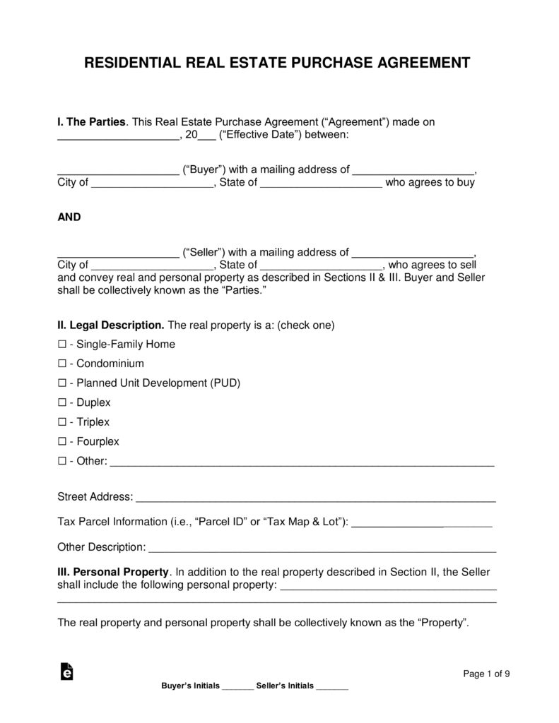 Free Residential Real Estate Purchase Agreements - Word | Pdf - Free Printable Real Estate Purchase Agreement