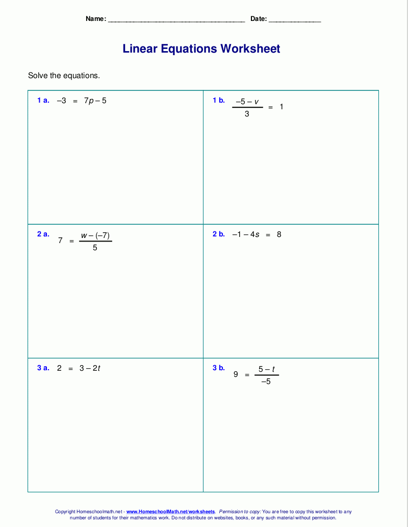 Free Worksheets For Linear Equations (Grades 6-9, Pre-Algebra - Free Printable Algebra Worksheets Grade 6