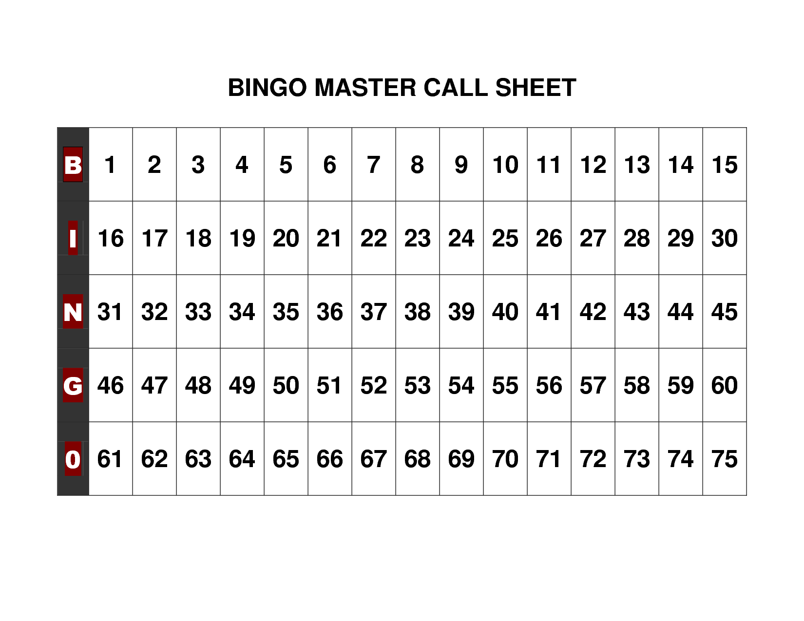 Bingo Calling Numbers List Printable
