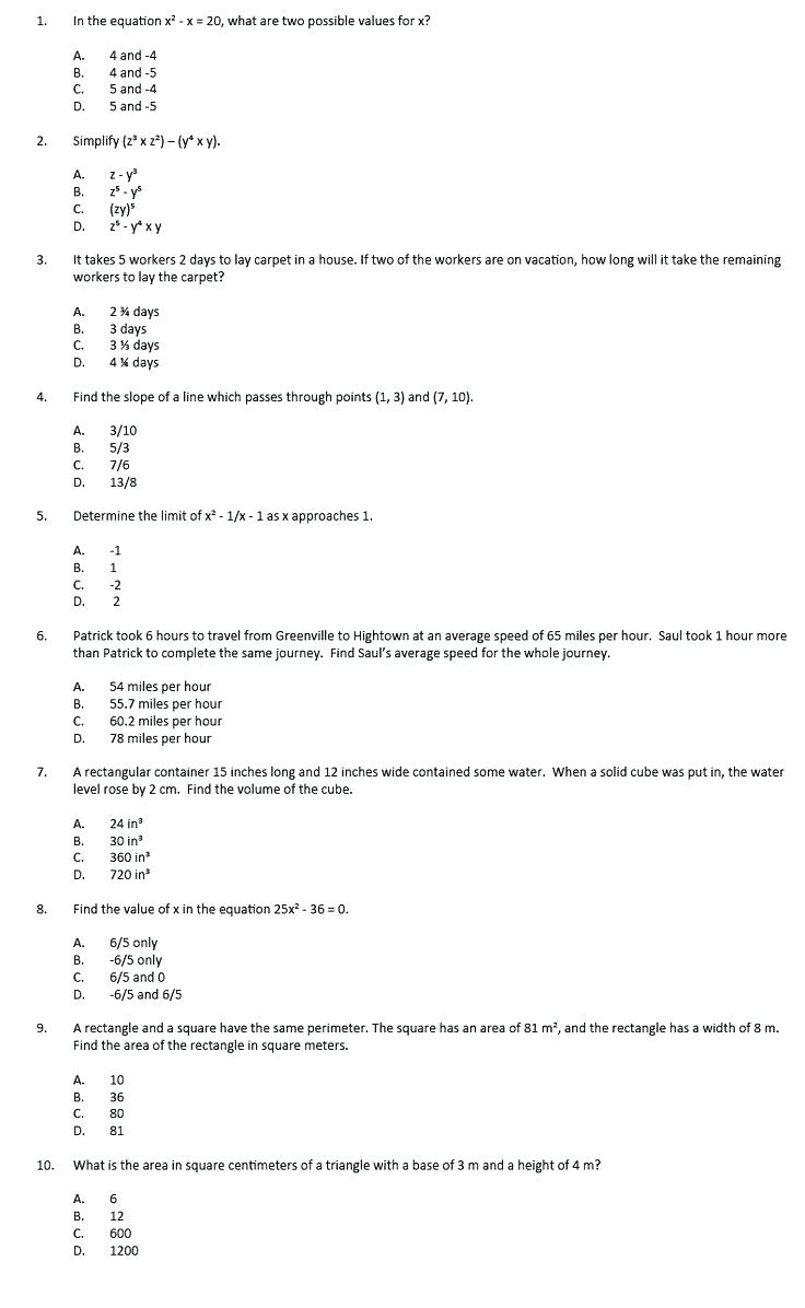 free ged math practice questions