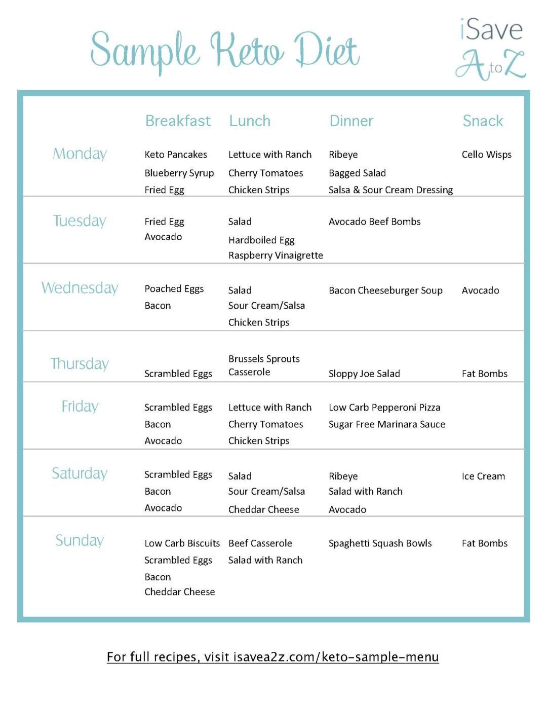 diet menu calendar