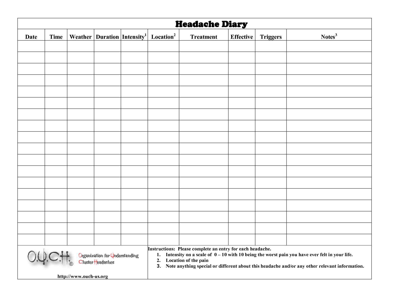 Printable Headache Diary Printable Blank World